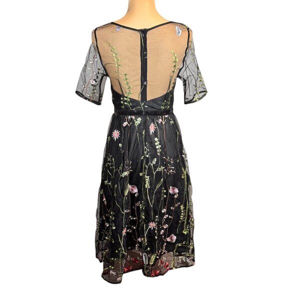 NWT JJ'S HOUSE Floral Midi  Dress Sz.S Black Mesh Embroidered Fit & Flare Event - Picture 4 of 10
